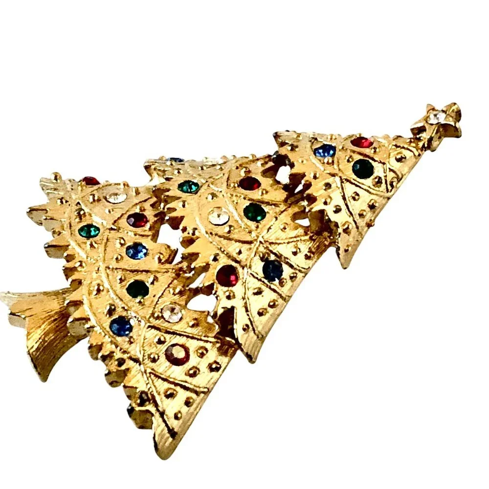 Eisenberg Ice Vintage Christmas Tree Pin Brooch Multi-Color Rhinestones Signed